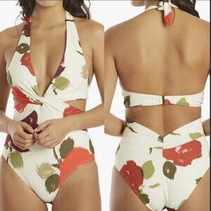 NWT! Kate Spade Ivory Floral Just Rosy Knotted Halter One Piece Swimsuit NEW!